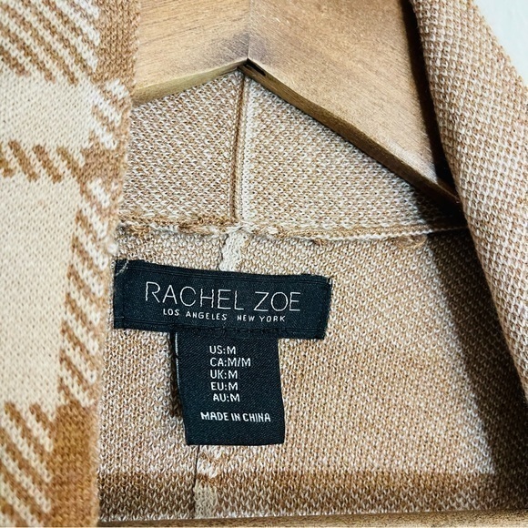 EUC Rachel Zoe Wool Blend Plaid Open Front Cardigan Size Medium Brown/Off White - Picture 5 of 7